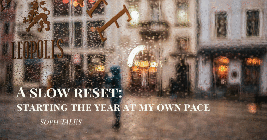 A blurred figure seen through a rainy shop window, creating a soft, reflective mood.